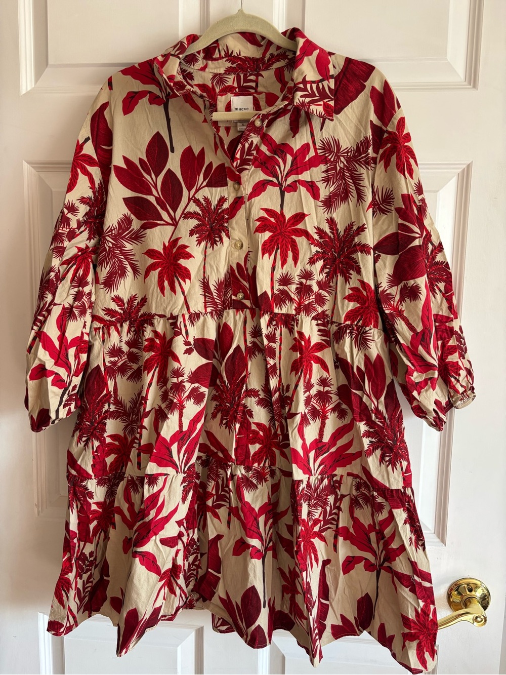 Maeve Anthropologie Bettina Red
Tropical Palm Tiered Cotton Shirt Dress